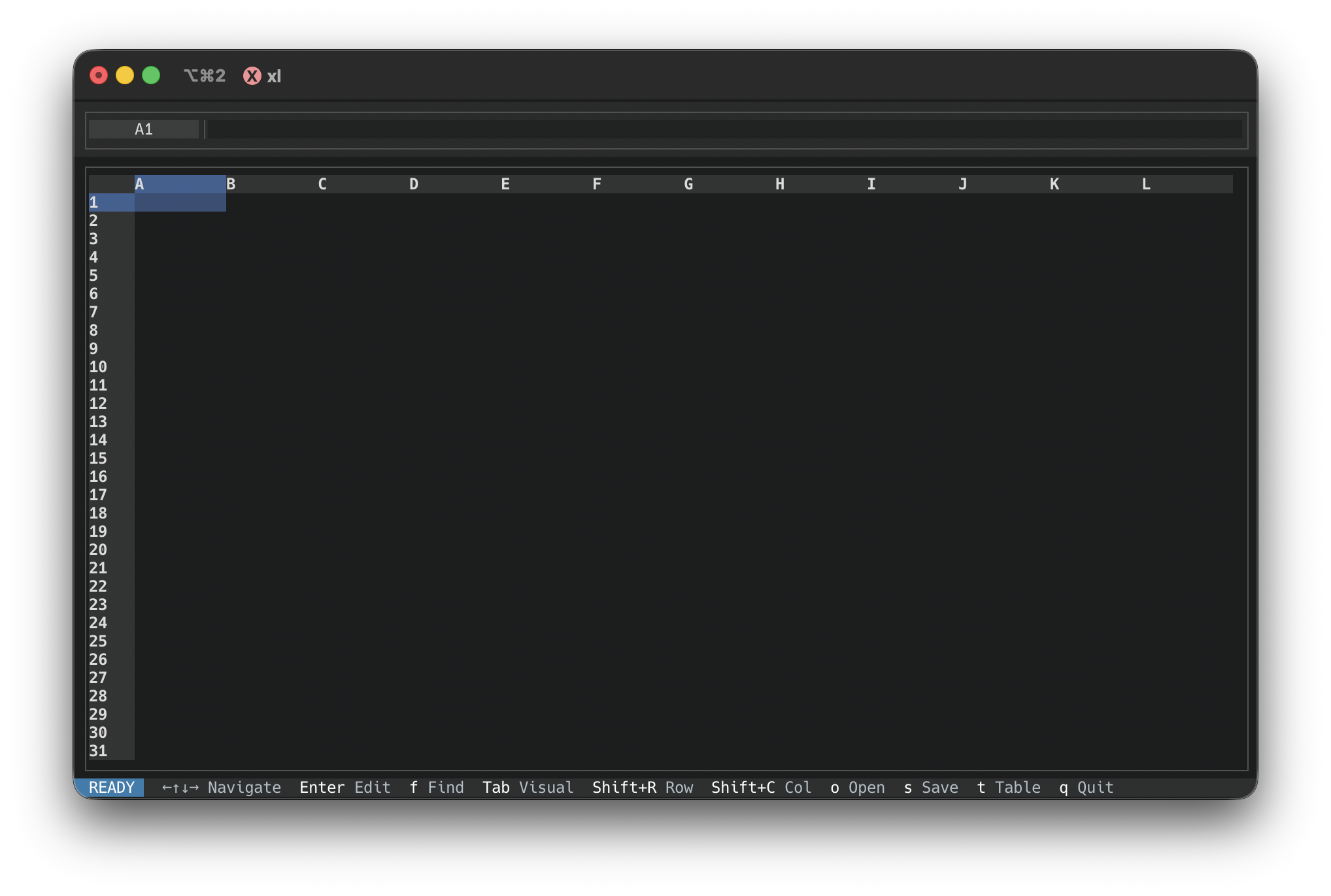 RustXL terminal spreadsheet in dark mode
