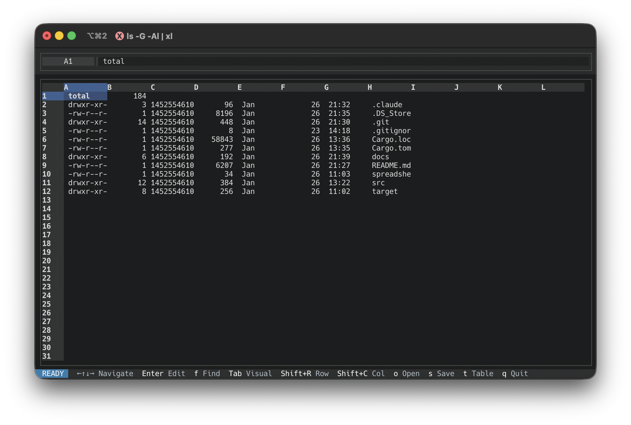 Piping ls -Al output into RustXL